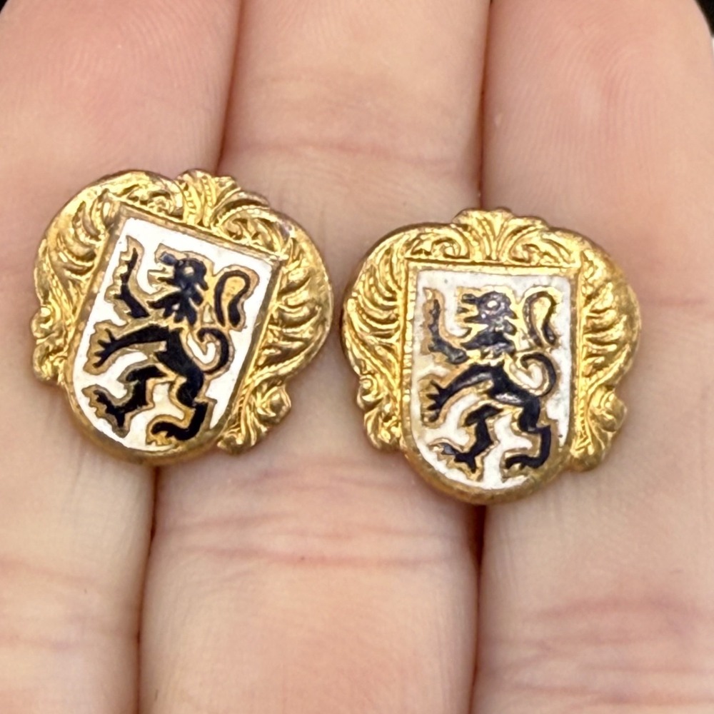 Vintage Estate Cufflinks Gold Tone Heraldic Coat of Arms Lion Rampant Enamel‎
